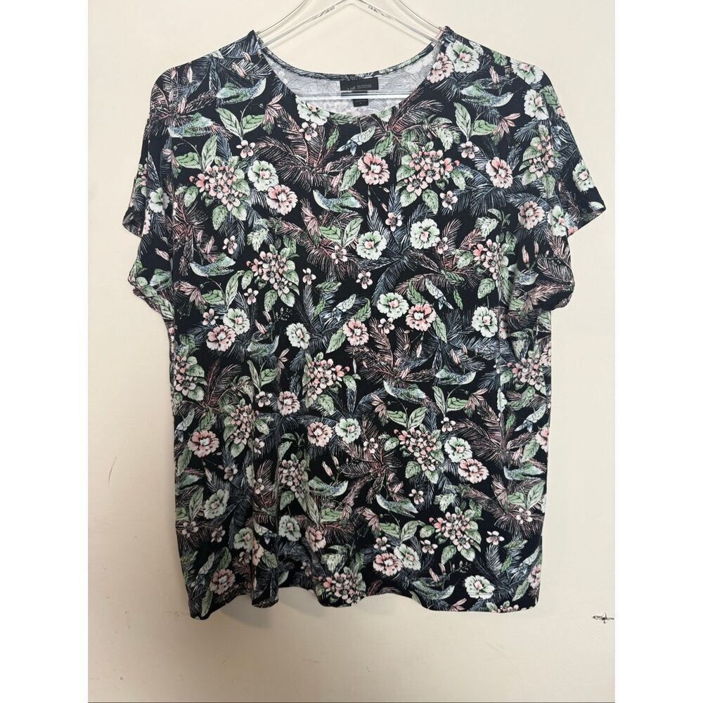 J.Jill Wearever Collection Short Sleeve Floral Print Knit Top Large Black Green